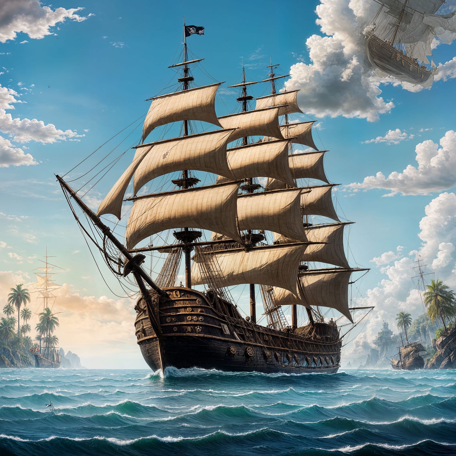 Pirate Ship Sails in a Romantic Ocean Scene