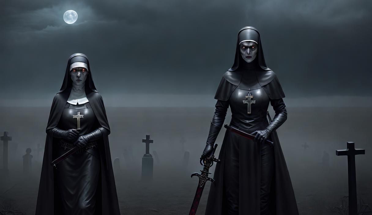 Nun Battles Undead Wolves in Cemetery: Horror Concept Art
