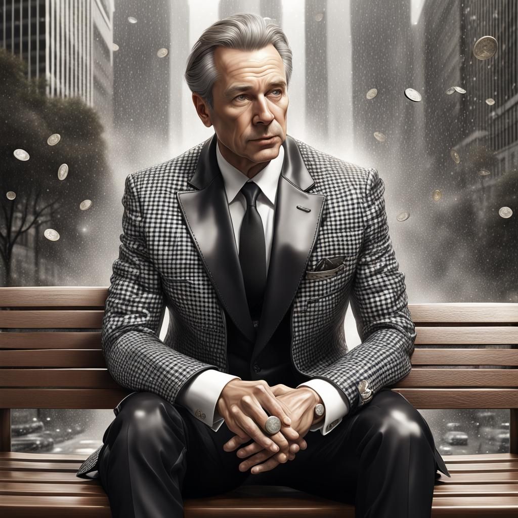 Man in Checkered Suit Under Platinum Rain