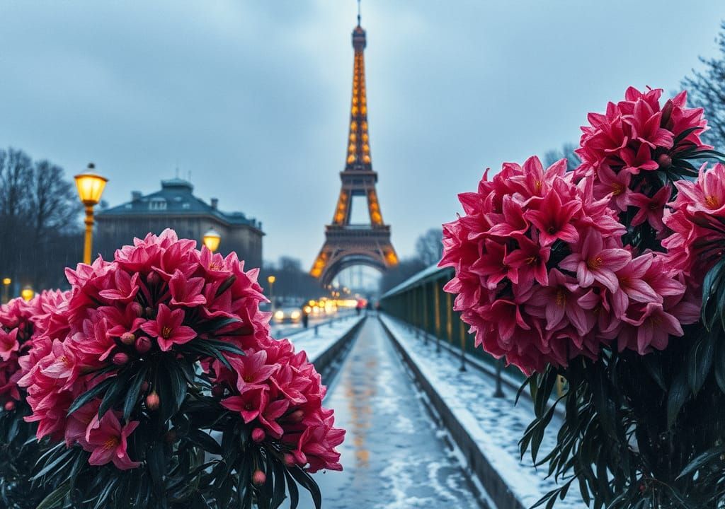 Eiffel Tower in Alcohol Ink Style, Azaleas in Rain