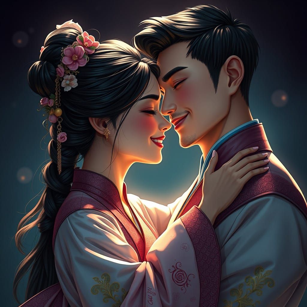 Tender Couple in Traditional Korean Attire