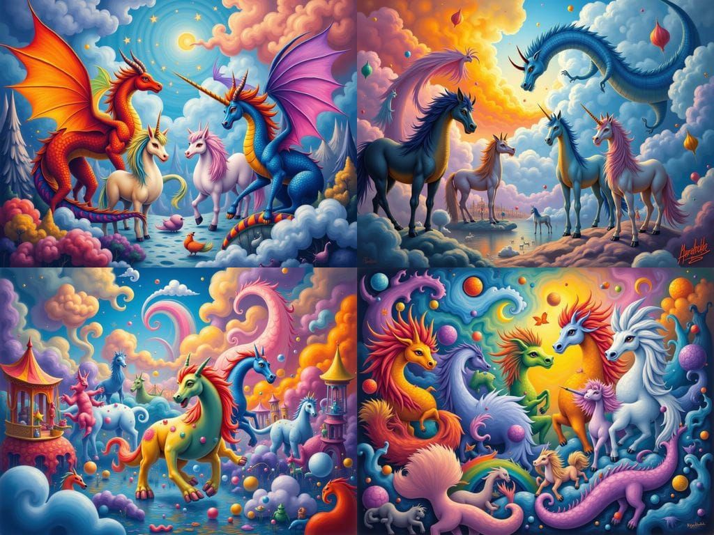 Dragons and Unicorns in a Fiery, Icy Fantasy Landscape