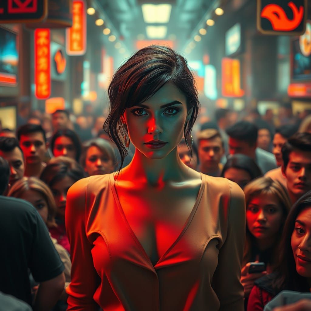 Confident Woman Pierces Through the Noise in a Futuristic Ci...