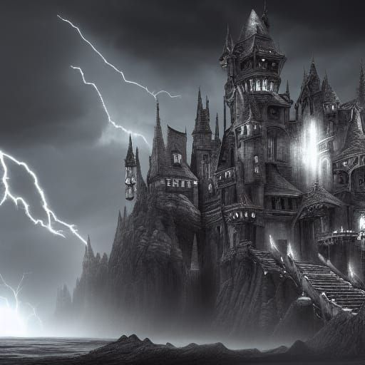 Dramatic Black and White Castle at Night