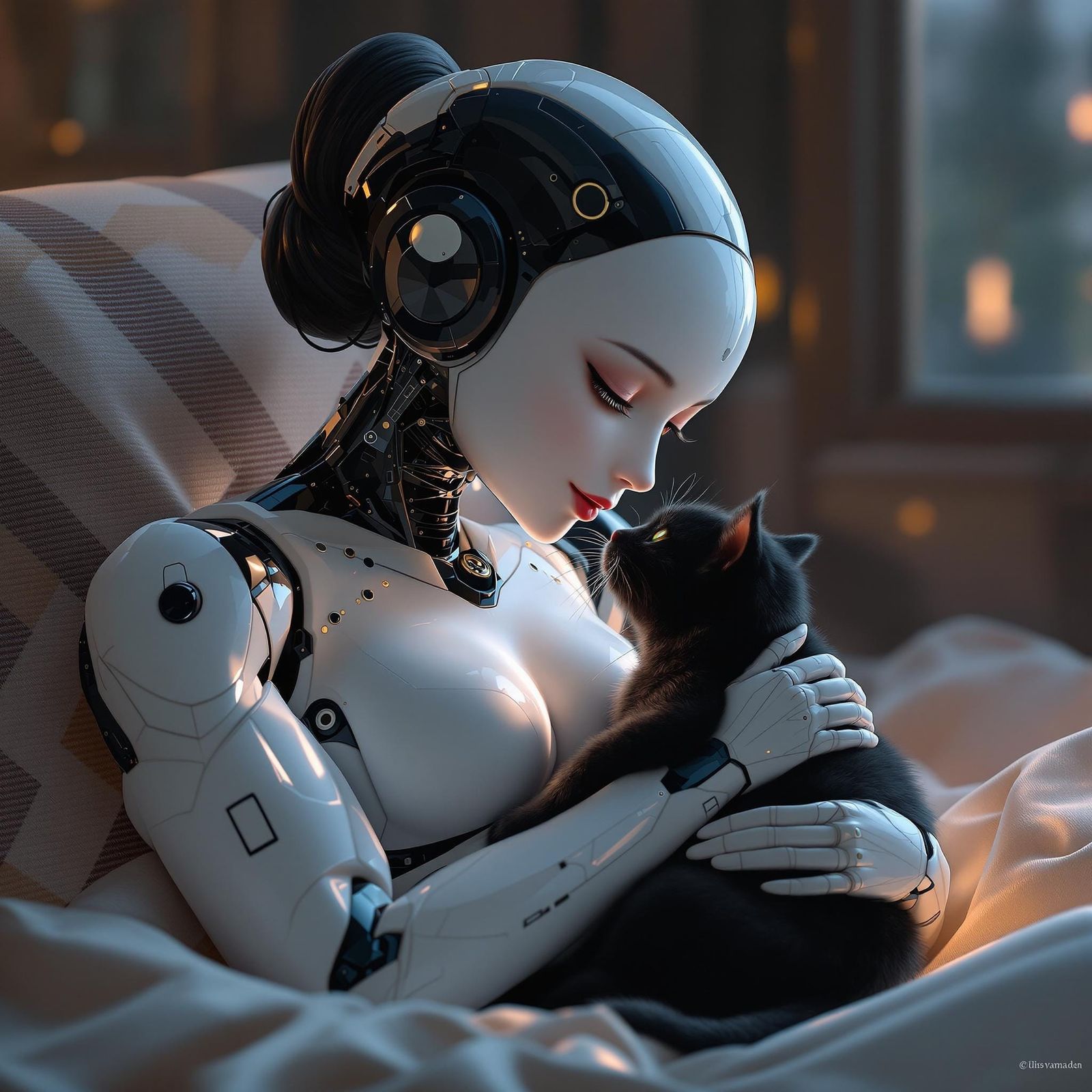 Robotic Mother and Feline Companion in Serene Futuristic Atm...