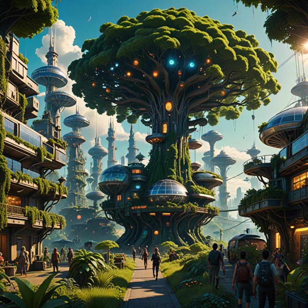 Surreal Solarpunk Metropolis within a Living Tree