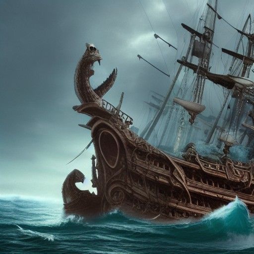 Sea Monster Destroys Pirate Ship: Epic Digital Painting