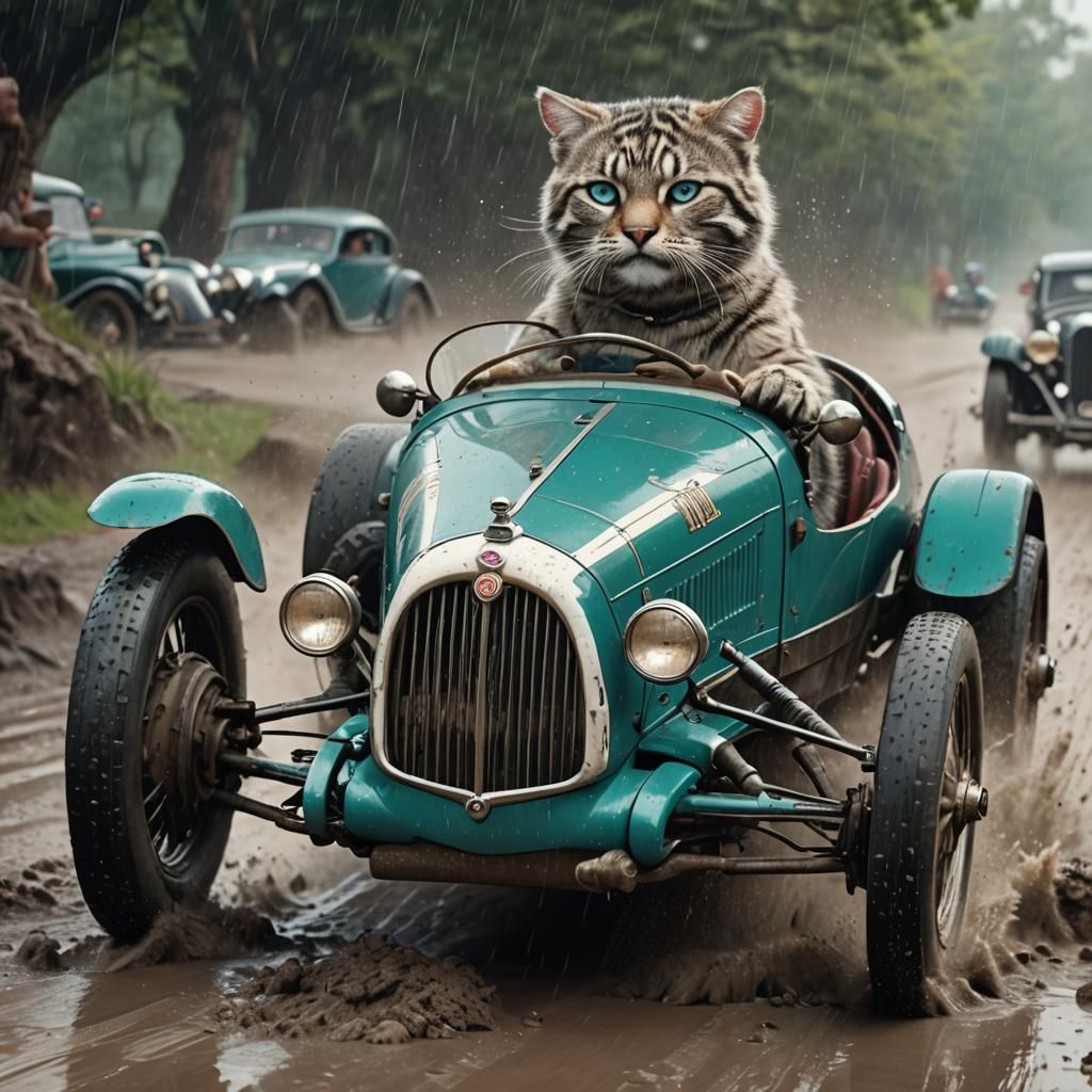 Felinoid Racer in 1930s Teal Race Car