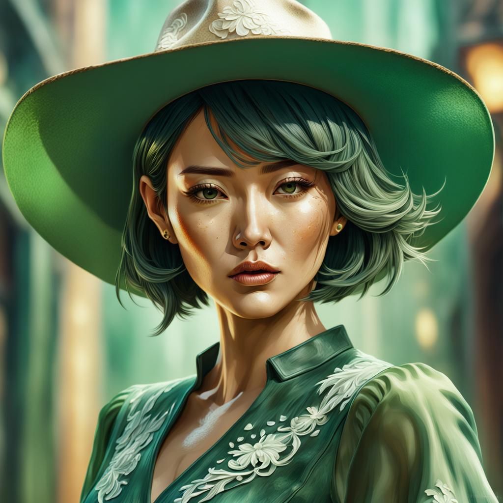 Japanese Woman in Cowboy Hat: Hyperrealistic Splash Art