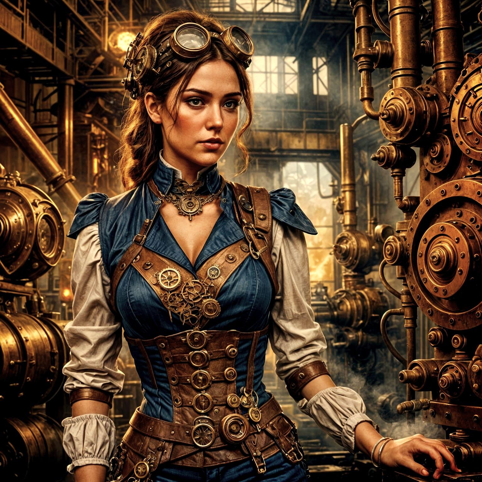 Steampunk Girl in Factory: Detailed Matte Painting