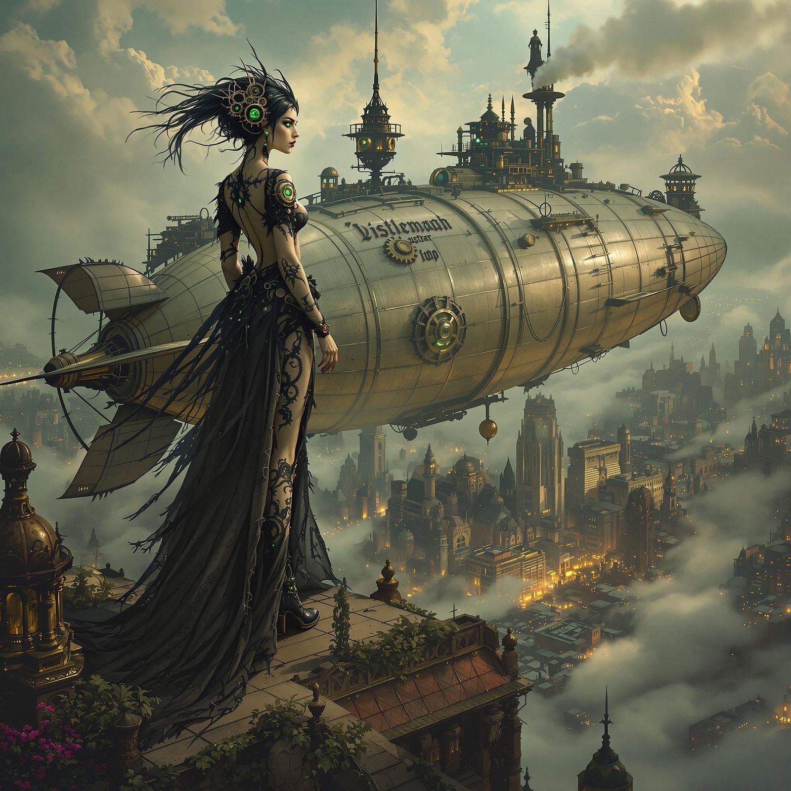 Dieselpunk Sorceress on Zeppelin over Metropolis