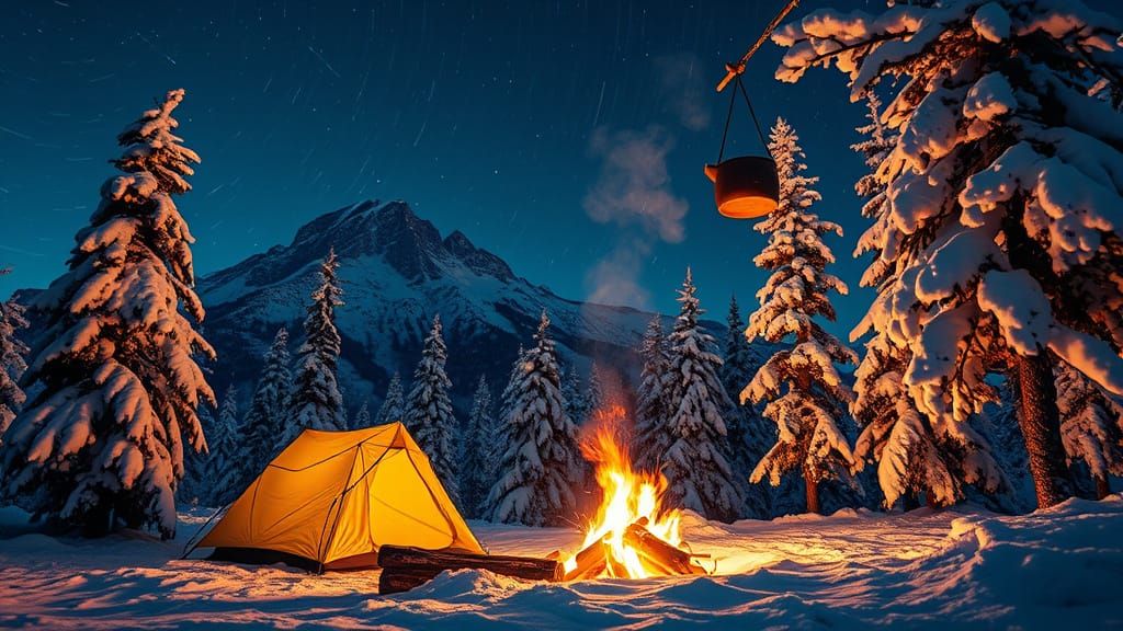 winter camping night scene