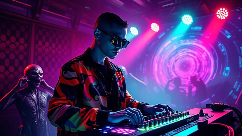 Alien DJ Electrifies Galactic Club with Cyberpunk Flair