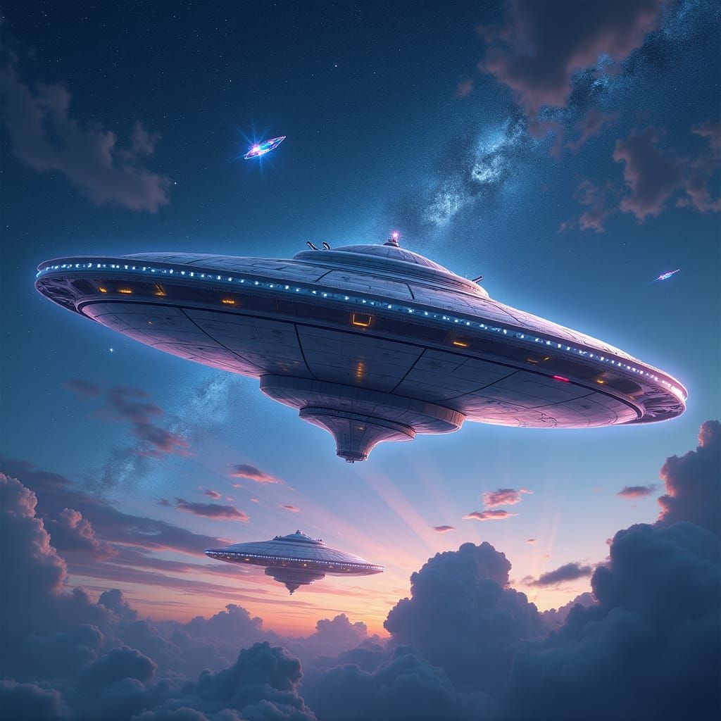 Sleek UFOs in Starry Sky, Matte Painting