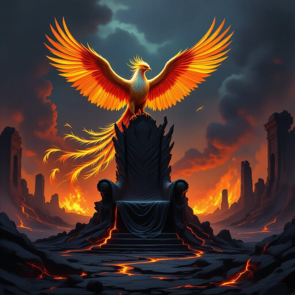 Majestic Phoenix on Obsidian Throne in Volcanic Wasteland