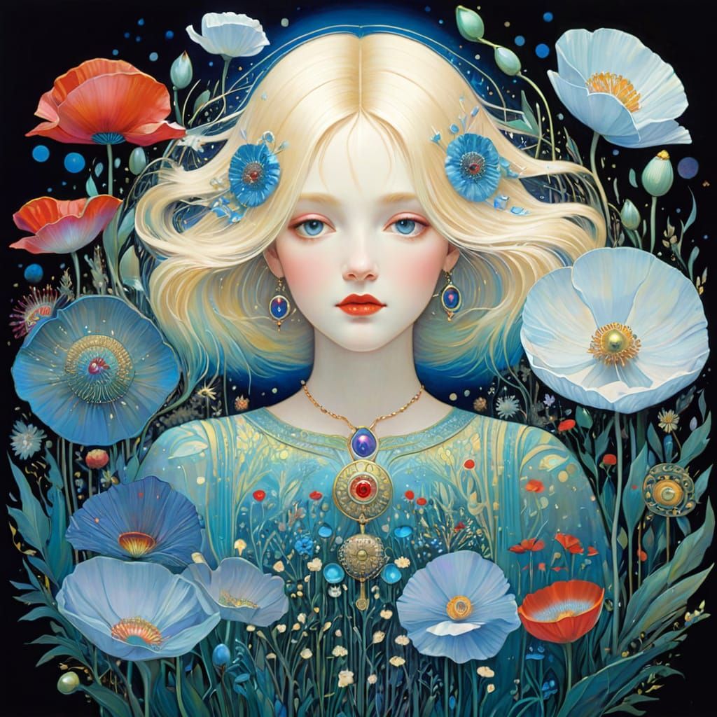 Giant Bioluminescent Poppy in Surreal Misty Field