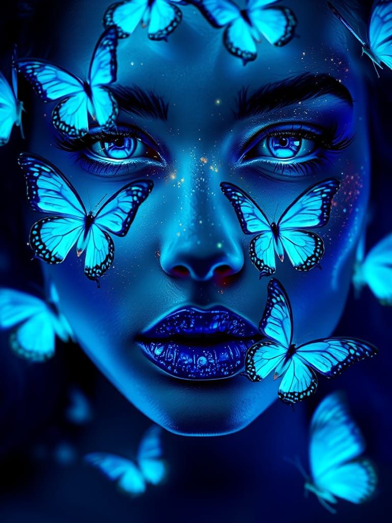 Neon Butterflies Adorn Woman in Expressionist Style
