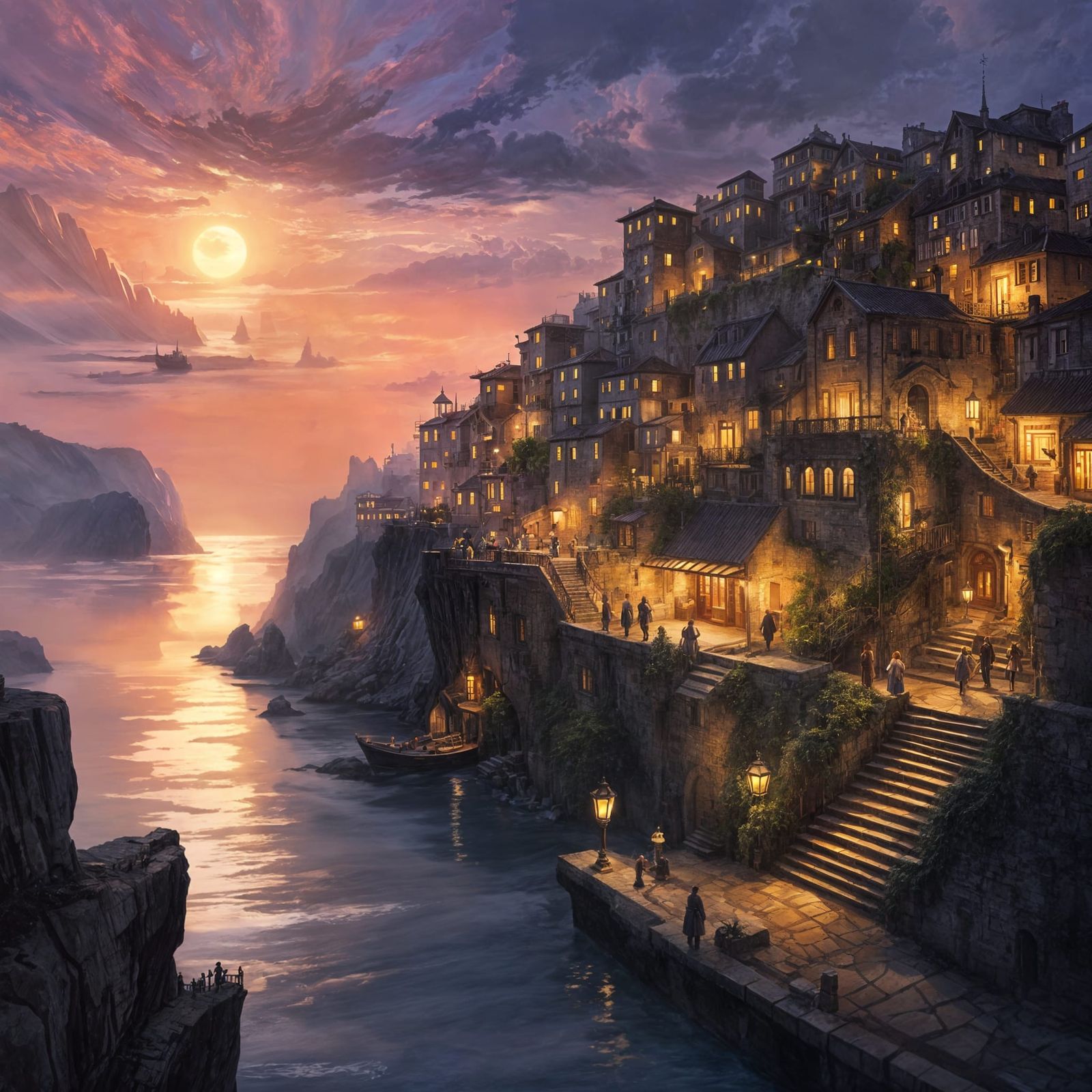 Dramatic Cliffside Town at Twilight with Glowing Lanterns