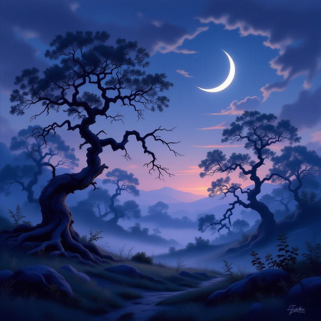 Ethereal Twilight Landscape with Crescent Moon and Mist