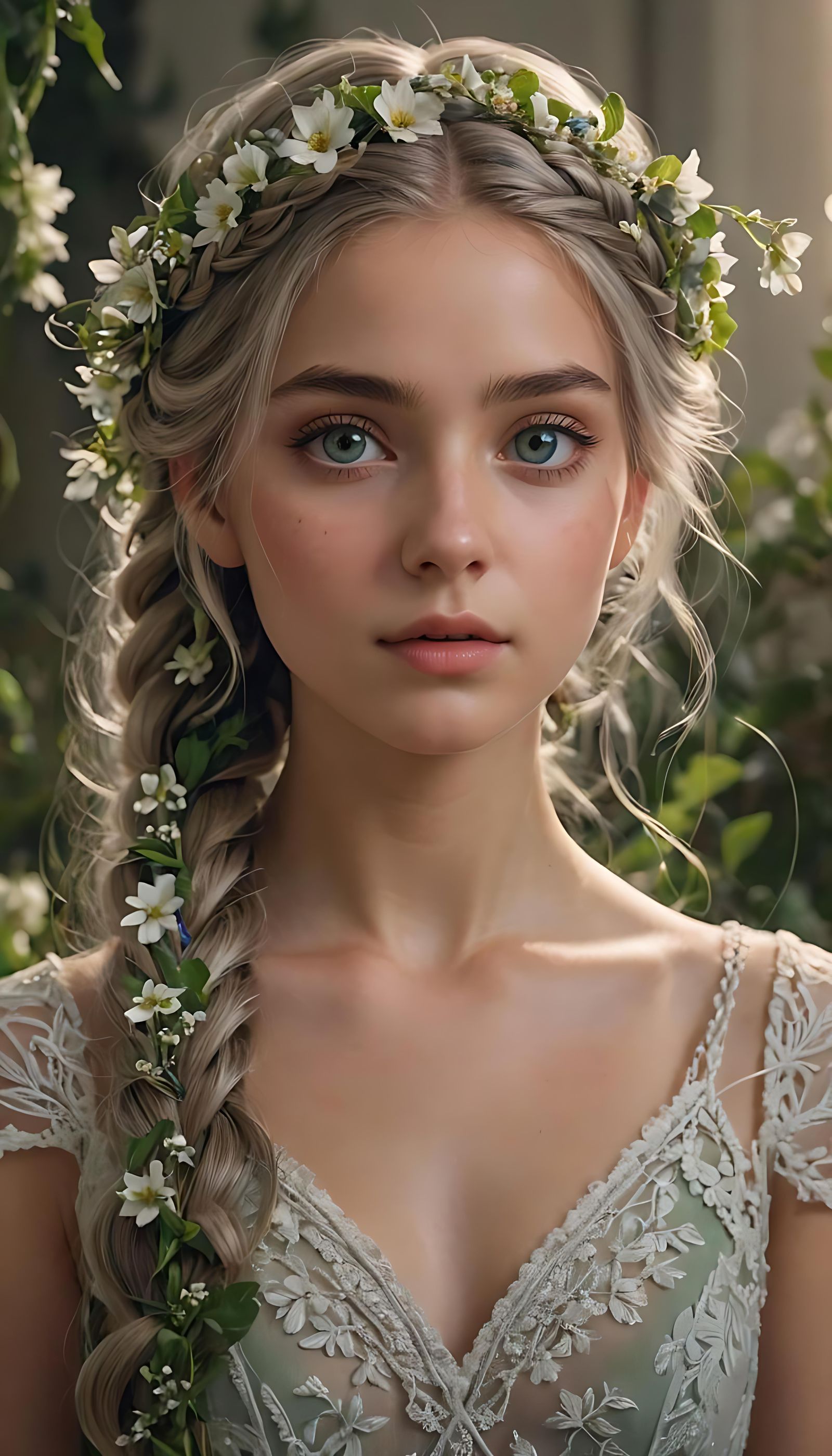 Woman with Frozen Flowers in Braided Hair