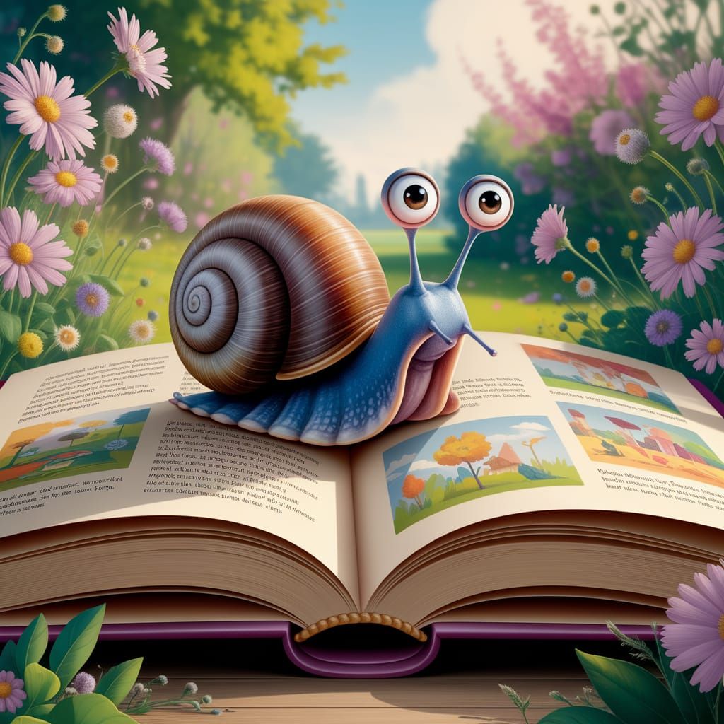 Curious Snail Reads Illustrated Book in Garden