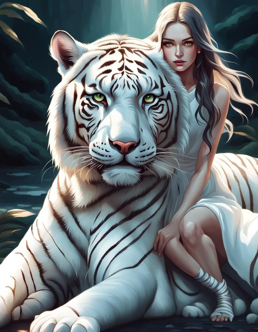 Girl with White Tiger: Dynamic Digital Art