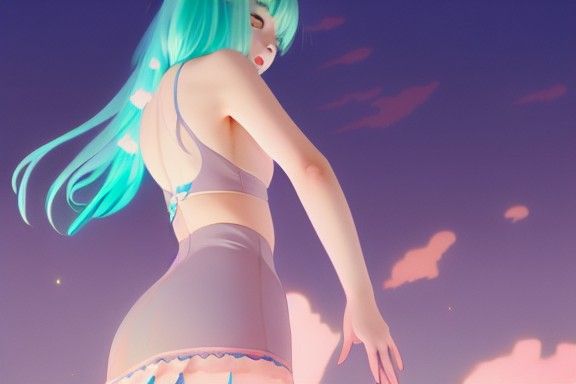 Anime Girl with Cyan Hair in Landscape