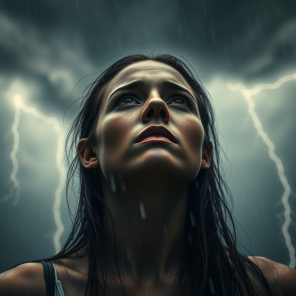A Young Woman's Tormented Soul Amidst the Stormy Skies