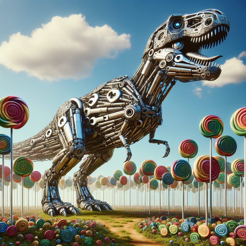 Mechanical T-Rex Dinosaur in Surreal Candy Landscape