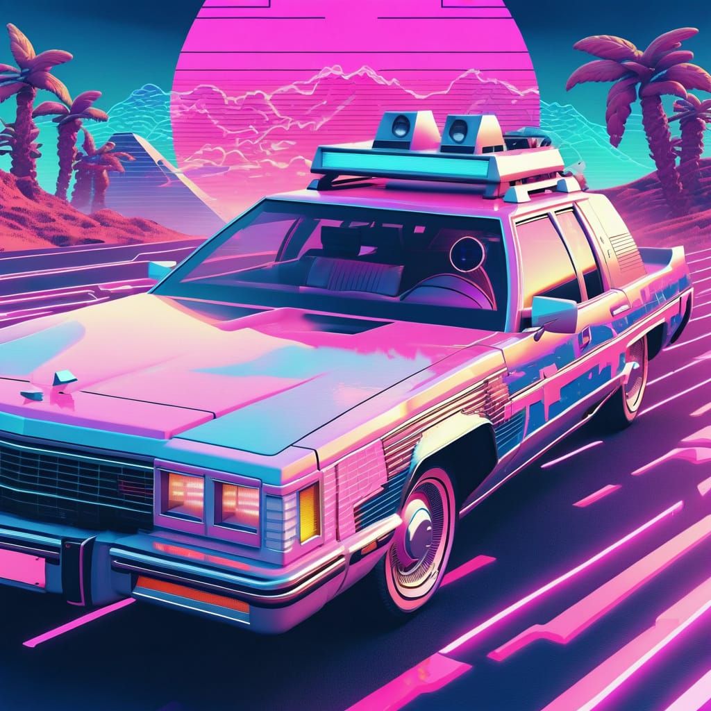 Ecto-1 Car in Vaporwave Retro-Futuristic Style