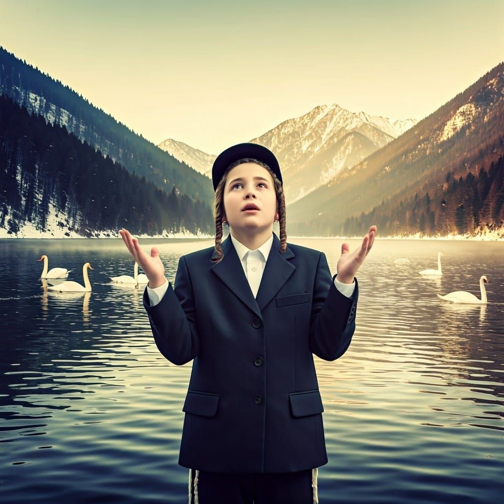 Boy in Reverence by Snowy Lake