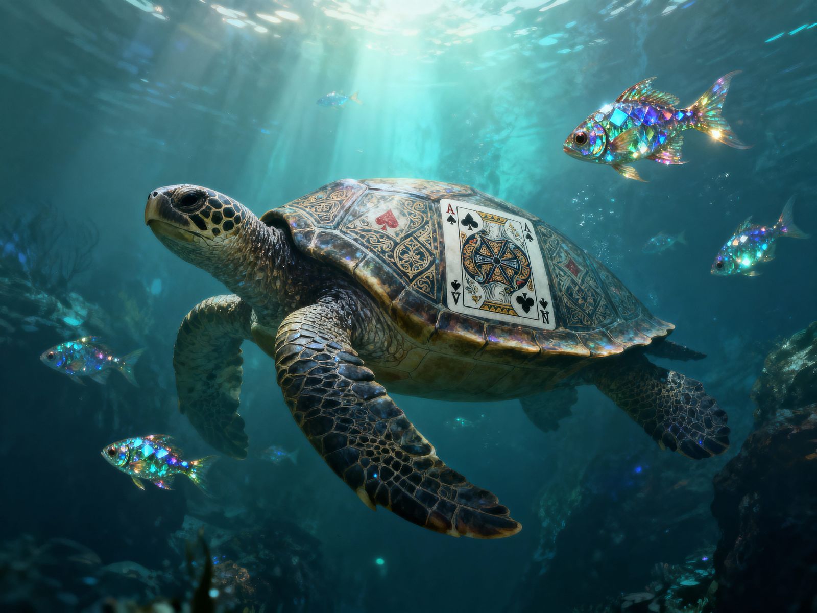 Ancient Tortoise with Card Symbols in Ethereal Abyss