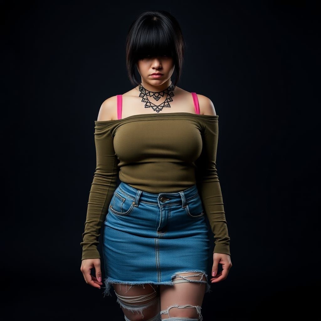 Emo Woman with Long Bangs and Geometric Tattoo