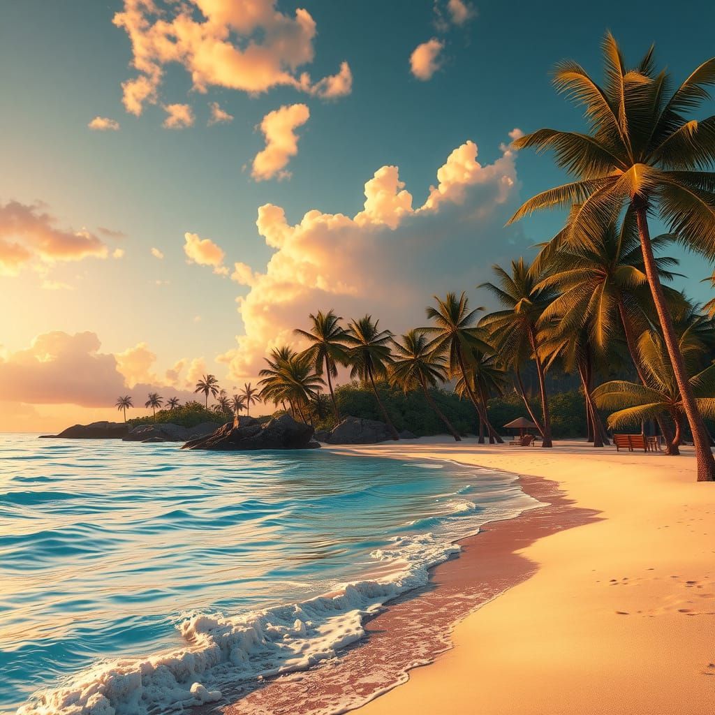 Ethereal Tropical Oasis at Golden Hour in Vibrant Colors