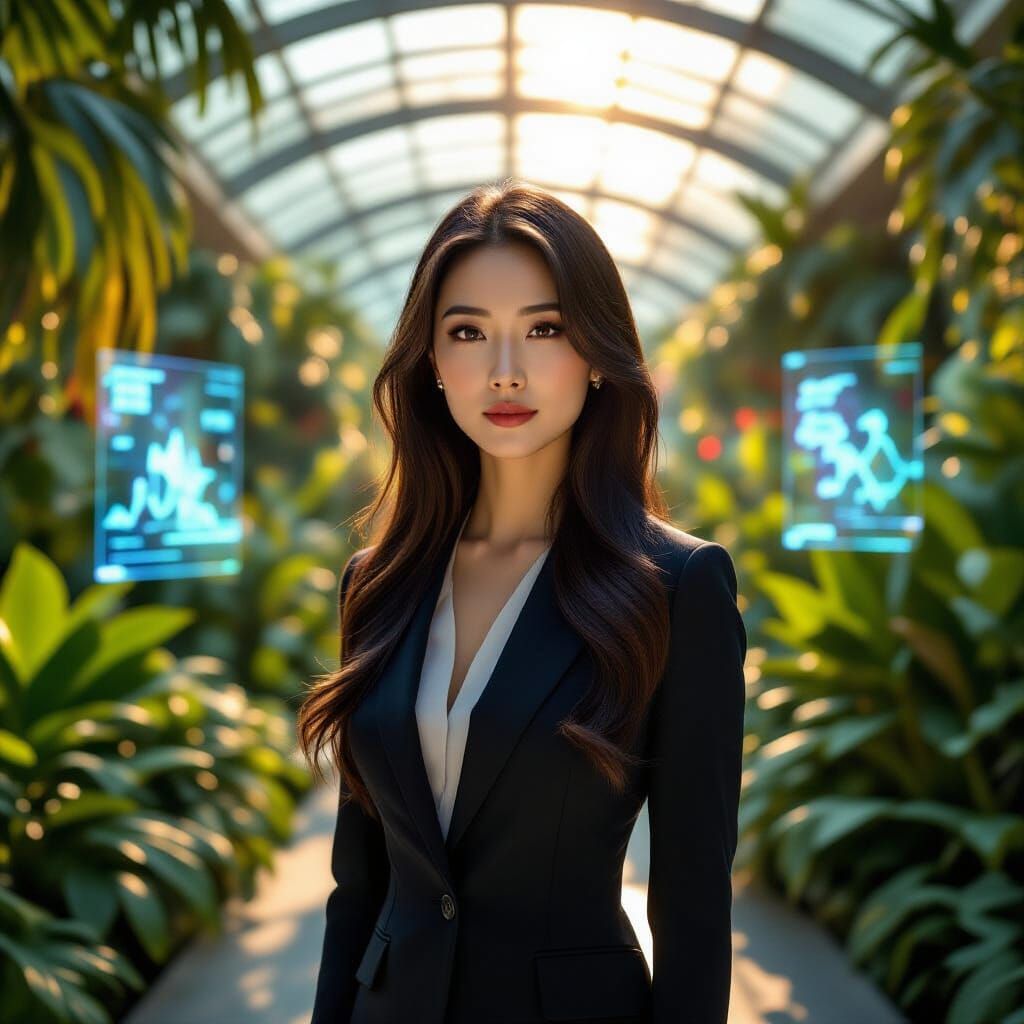 Confident Finance Director in Futuristic Botanical Garden