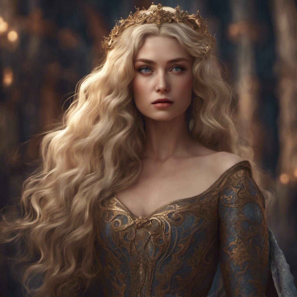 Medieval Woman with Wavy Hair in Detailed Painting
