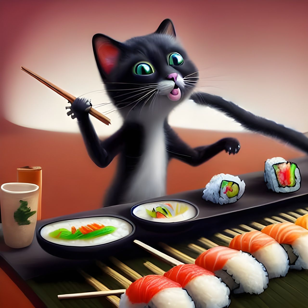 Funny Cat at Sushi Conveyor Belt in 3D Oil Painting