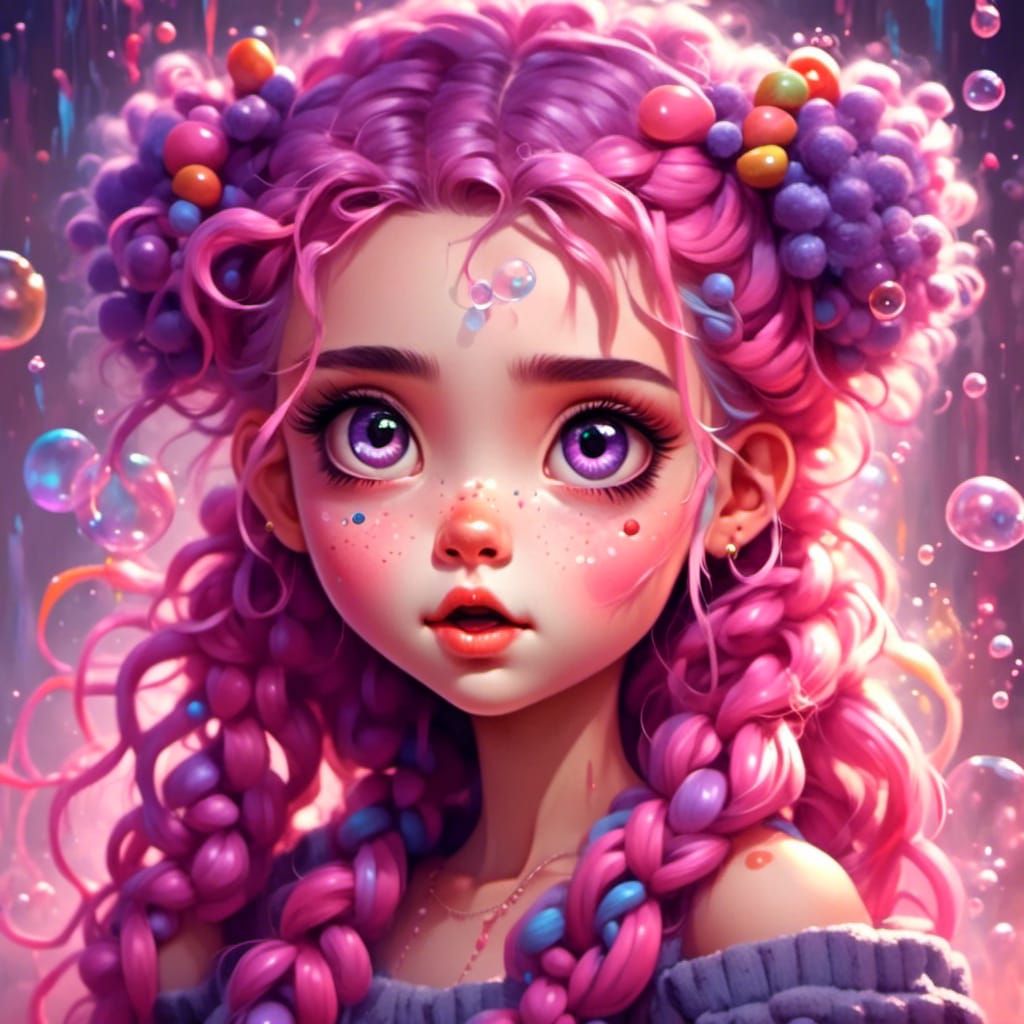 Girl with Braids Blows Heart Bubble