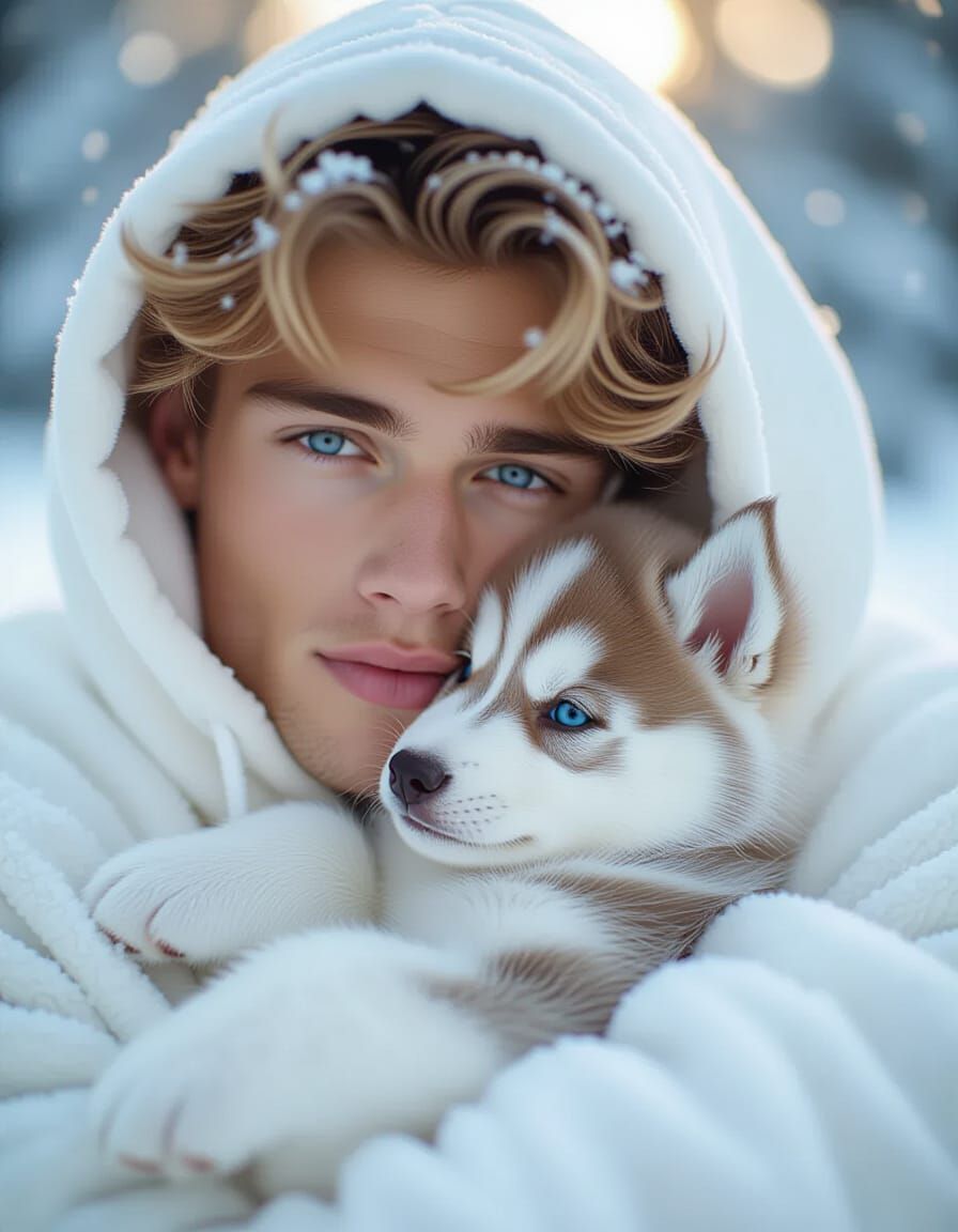Man Cradles Husky Puppy in Snowy Golden Hour