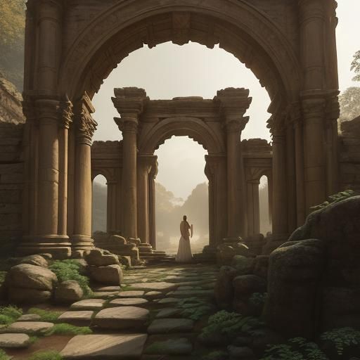 Woman Under Ancient Stone Arch in Golden Light