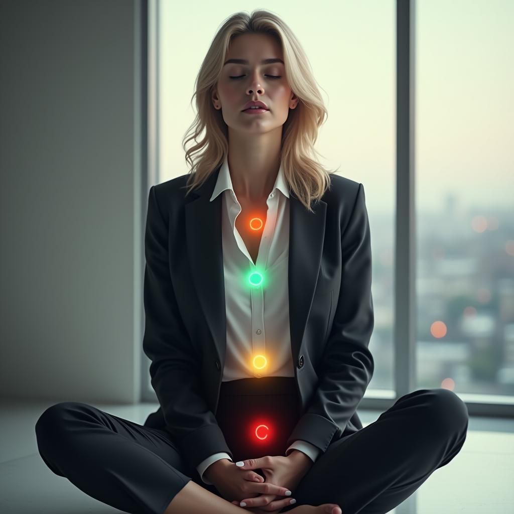 Meditating Woman with Chakras in Modern Office
