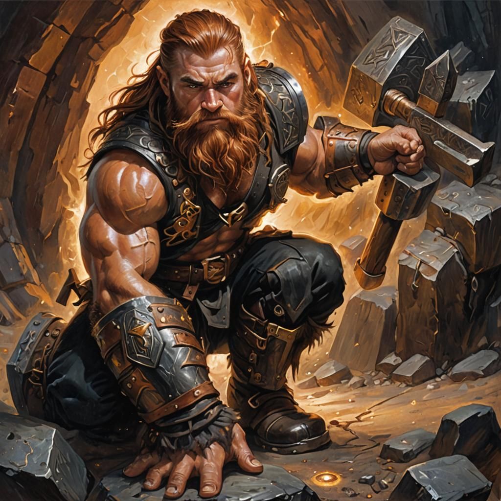 Muscular Dwarf Kneeling in Rune Covered Cavern