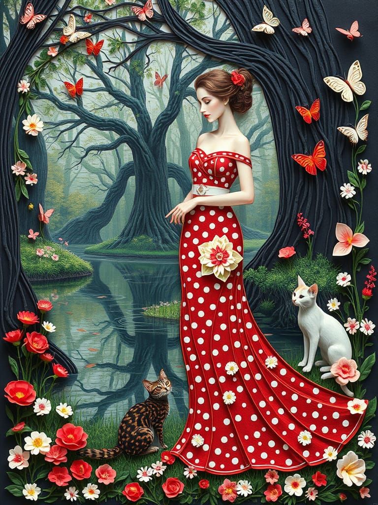 Elegant Woman with Cat in Impressionist Mosaic Style