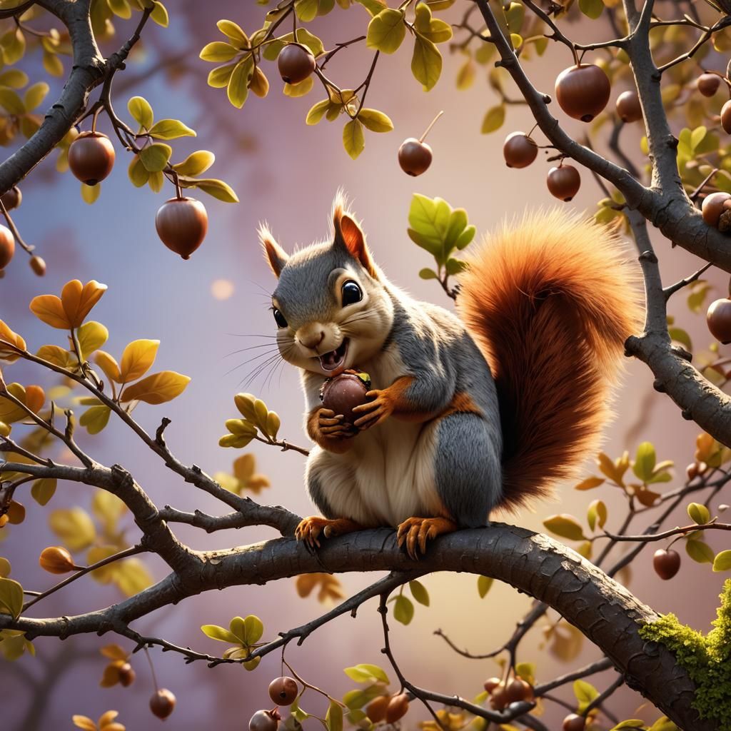 Baby Squirrel Enjoying Acorn: Pixar Style 3D Render