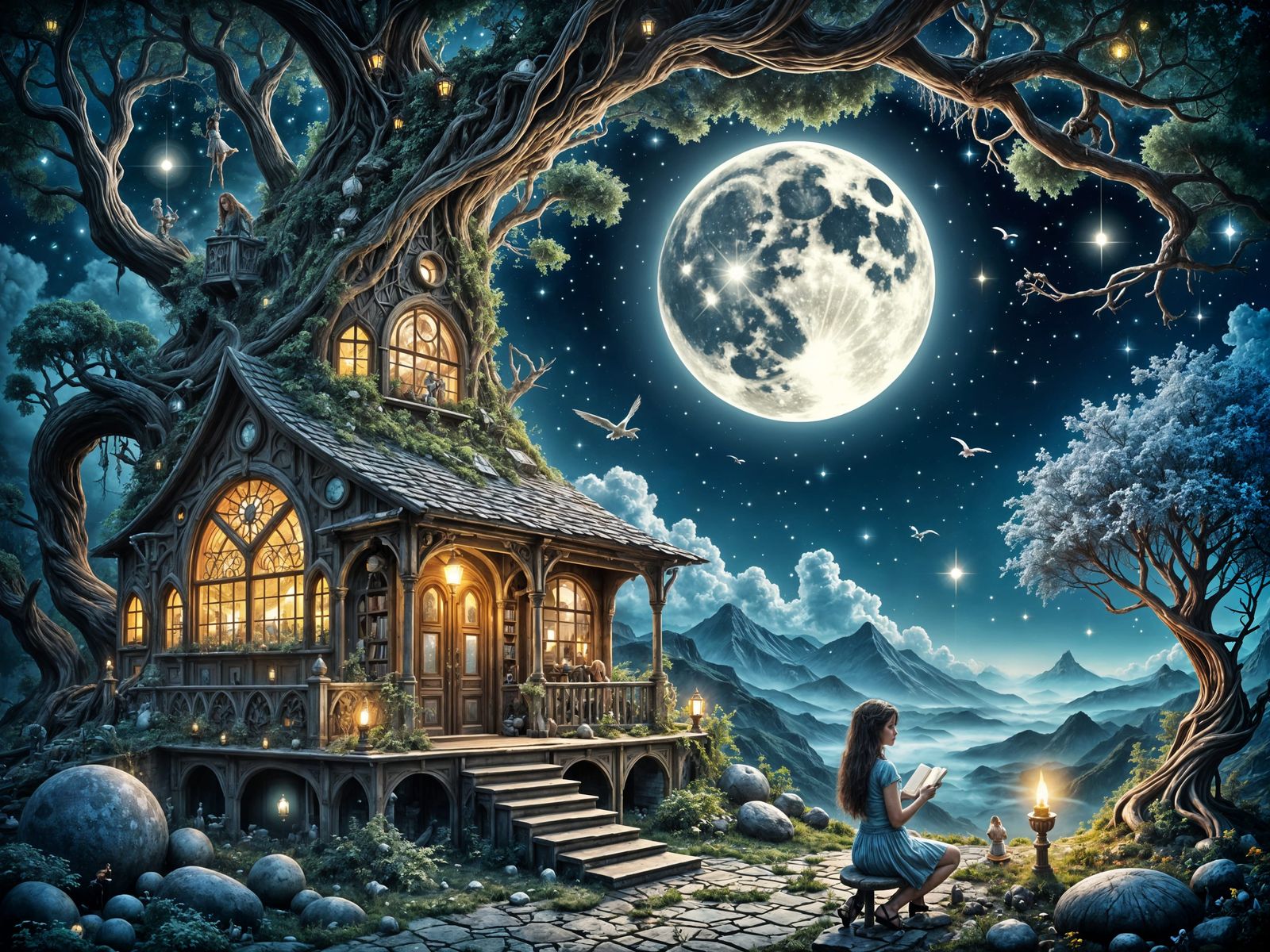 Enchanted Moonlit Bookstore Sanctuary