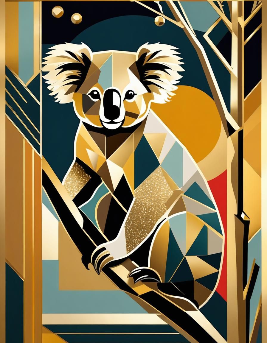 Art Deco Koala on Branch with Geometric Patterns