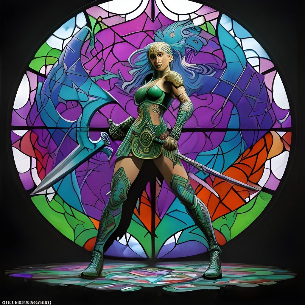 Celtic Warrior with Dragon in Stained Glass Style