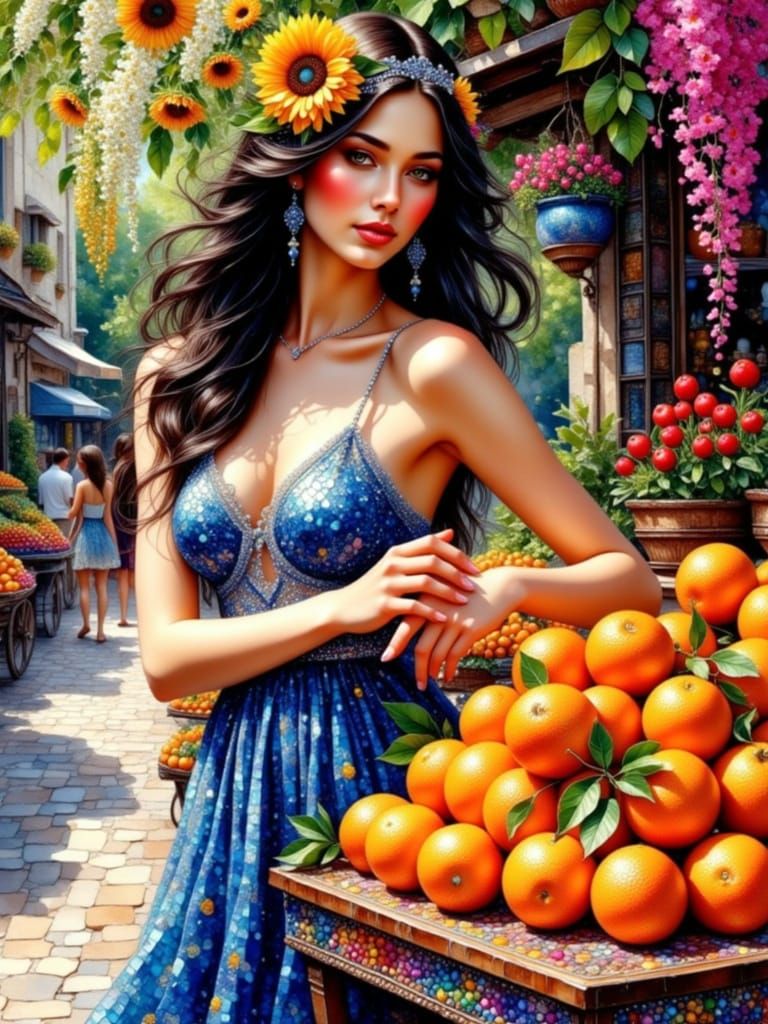 Ethereal Woman Amidst Vibrant Market Scene in Watercolour St...