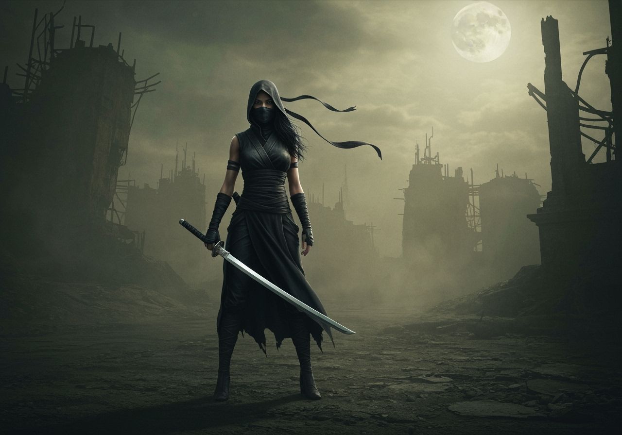 Ninja Warrior in Desolate Wasteland Under Moonlight