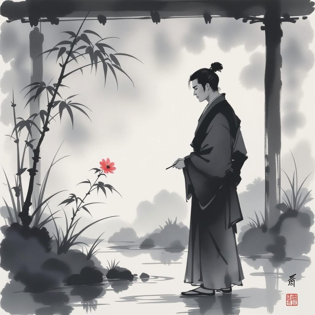 Man Contemplates Flower in Minimalist Garden - Sumi-e Style